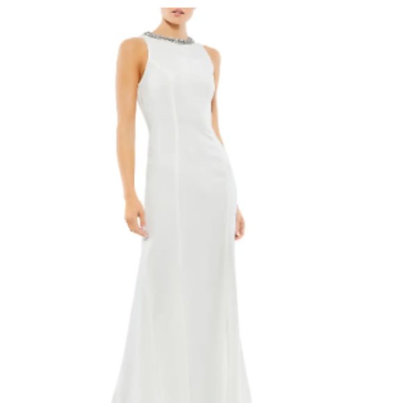 MAC DUGGAL CRYSTAL NECK COLLAR WHITE TRUMPET GOWN sz 10 - Picture 2 of 4